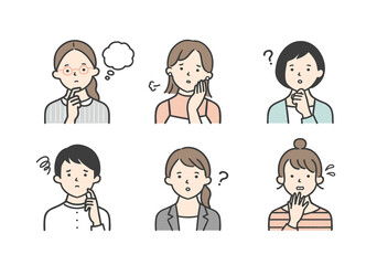 困った表情をした若い女性のイラスト素材セット