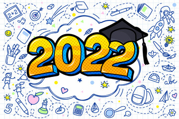 Concept of a graduating class of 2022. Numbers with graduation cap in pop art style