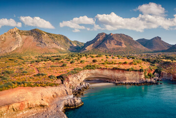 Splendid view from flying drone of popular tourist destination - Geopark of Agios Nikolaos, also known as Petrified Forest. Gorgeous summer scene of Peloponnese, Greece.
