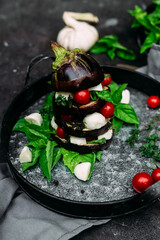 Eggplant, tomato, mozzarella and basil appetizer