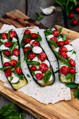 Eggplant, tomato, mozzarella and basil appetizer