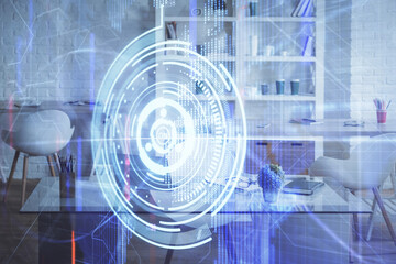 Multi exposure of data theme drawing and office interior background. Concept of technology.