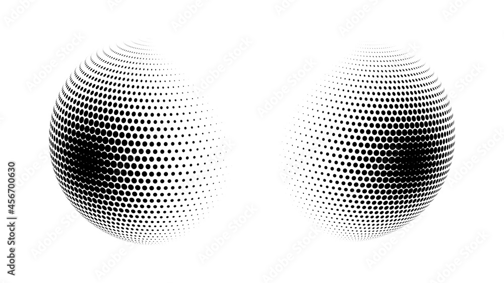Poster set of vector halftone spheres. dotted circles with black and white gradient. pattern design element