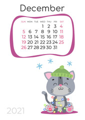 Calendar of 2021 year, December with cute gray kitty, cat in green cap with garland, falling snow, numbers isolated on white. Vector illustration for postcard, banner, web, design, arts.