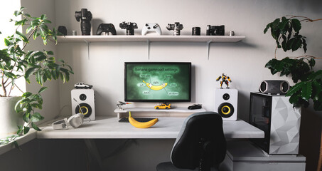 General view home workplace of gamer with computer and gamepad and banana. © Aboltin