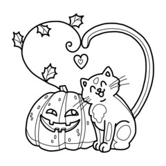 Children halloween coloring book page. Pumpkin and kitten in love smile together. Isolated outline illustration.