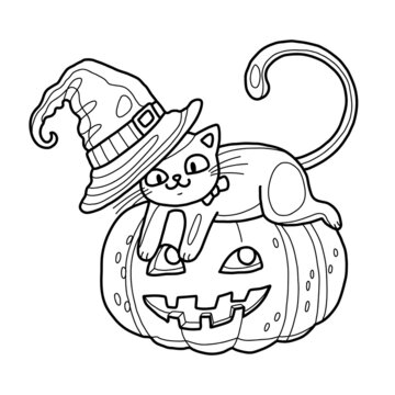 Halloween coloring book page for children and adult for antistress. Funny cat in witch hat on pumpkin cartoon. Vector isolated doodle.