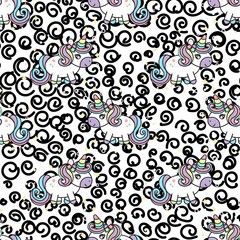 Pastel Unicorn rainbow pattern background. Colorful Cute unicorns, stars, circles pattern background. Seamless Vector illustration. Wrapping paper. Swirl pattern.