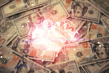 Double exposure of brain drawing over us dollars bill background. Technology concept.