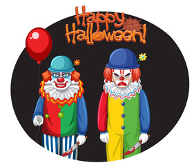 Happy Halloween badge with two creepy clowns