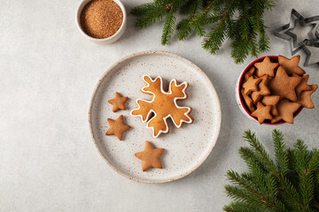 Christmas gingerbread cookies on the plate. Snowflake