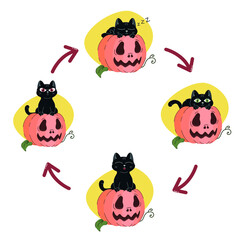 Black cat mood cycle on white background. Black cat sleeping on pumpkin, woken up cat, happy and angry kitty. Happy Halloween holiday concept vector illustration.