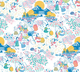 Seamless pattern illustration of Korean villagers enjoying traditional festival "Chooseok" in autumn. Traditional Korean festival "Thanksgiving" in the fall. Design for Poster, card, picture frame, fa