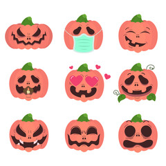 Halloween pumpkin with different emotions set isolated on white background. Pumpkins with different faces : scary, in medical face mask, laughs, in love, evil, fright. Happy halloween concept vector.