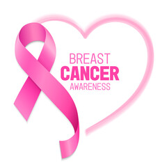 Pink ribbon symbol with heart. Breast Cancer Awareness Month. Icon design. For poster, banner and t-shirt. Vector Illustration.