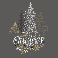 Merry Christmas card, Elegant outline drawing of pine tree. Vector illustration.