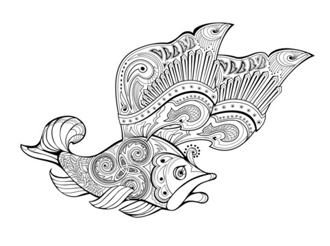 Fantastic warlike flying fish with wings. Coloring book. Printable image for maritime logo, tattoo, jewelry, decoration, print. Black and white vector drawing. Illustration of legendary animals.