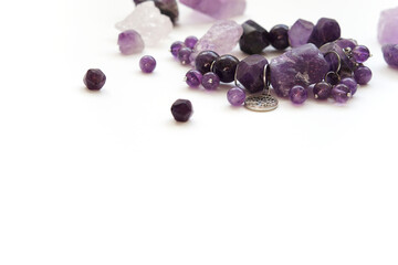 Amethyst minerals gemstones set. spa, relax concept. Healing stones for Crystal Ritual, spiritual...