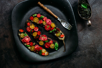 Baked eggplant appetizer with tomatoes and cheese