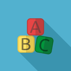 Educational blocks with A, B, C letters, red, yellow, green colors, long shadow. ABC, alphabet, teaching, early and preschool learning concept. Flat design. Vector illustration. No gradients, no trans
