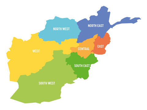 Political map of Afghanistan divided into 7 regions. Simple flat vector map with labels.