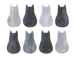 Watercolor illustration collection of sitting cat silhouette in various black and grey shades. Hand painted water color drawing on white background, cut out elements for creative design decoration.