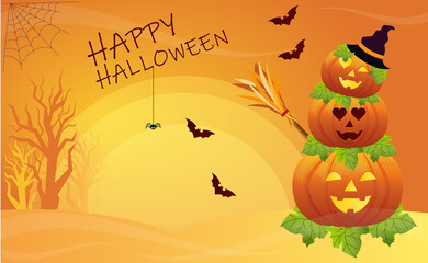 Pumpkins with glowing eyes, a full moon and mystical animals. A funny drawing, postcard or banner for the Halloween holiday. Vector illustration.