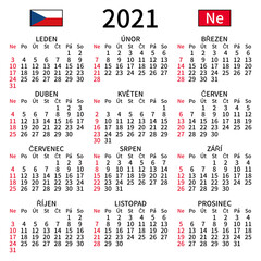 2021 year calendar. Simple, clear and big. Czech language. Week starts on Sunday. Sunday highlighted. No holidays. Vector illustration. EPS 8, no gradients, no transparency