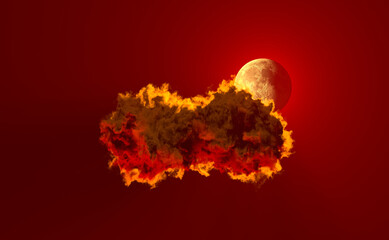 one big red cumulus cloud and moon . nature 3D illustration