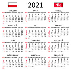 2021 year calendar. Simple, clear and big. Polish language. Week starts on Sunday. Sunday highlighted. No holidays. Vector illustration. EPS 8, no gradients, no transparency