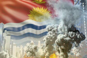 big smoke pillar with fire in abstract city - concept of industrial catastrophe or act of terror on Kiribati flag background, industrial 3D illustration