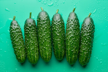 Set of fresh whole cucumbers isolated on a green background, clipping path. Garden cucumber wallpaper backdrop design