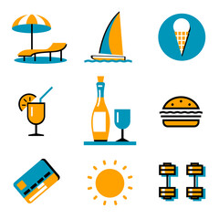Set of icons on the theme of a summer beach resort. Yacht, parasol, wine, martini, ice cream, hot dog, sun, dumbbells and credit card. Vector isolated flat illustration