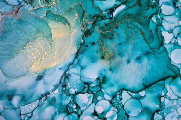 Luxury emerald abstract background in alcohol ink technique, aquamarine gold liquid painting,...