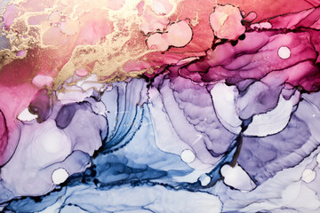 Obraz na płótnie Canvas Luxury colorful abstract background in alcohol ink technique, golden liquid painting marble texture, scattered acrylic blobs and swirling stains, printed materials
