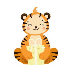 Cute striped orange tiger with gift. The year of the Tiger. Happy New Year 2022. Chinese New Year.