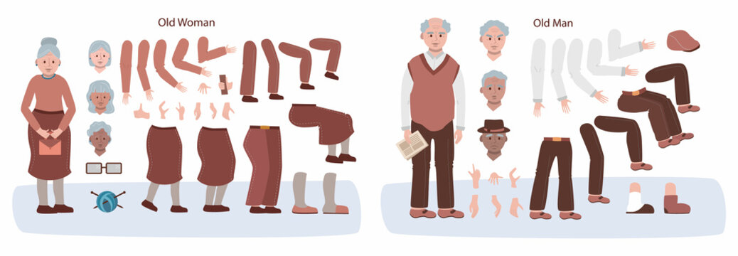 Senior characters animation set. Old woman and man with various