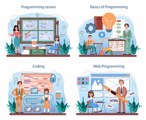 IT education concept set. Students learn programming, write software