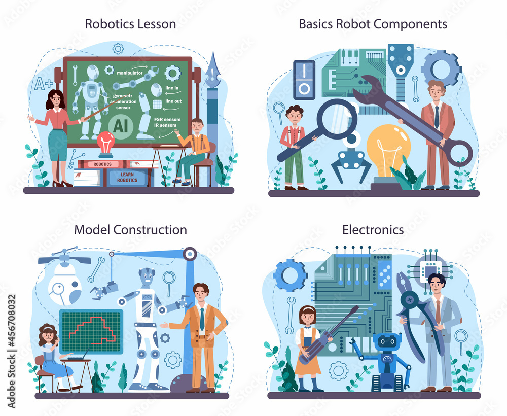 Poster robotics school subject concept set. students learning robot components