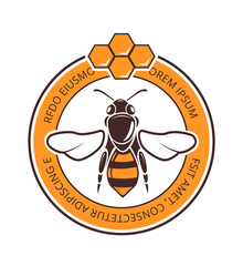 Vintage bee logo design. Honeycombs and wasp, retro new honey harvest sticker. Rural agriculture market vector badge