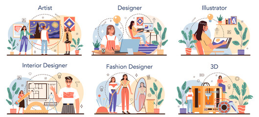 Fototapeta premium Artistic occupation set. Designer, dancer, artist, musician, florist