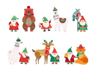 Holiday winter characters. Christmas dwarfs with animals in knit hats and scarves. Isolated scandi cartoon man with white beard vector set © MicroOne
