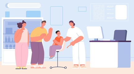 Family on hospital. Kid vaccination, doctor check up on clinic. Young and adult patients, pediatric little patient. Medical exam utter vector scene