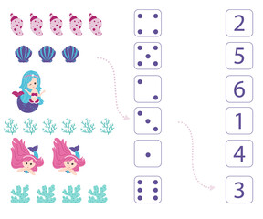 Mermaids. Worksheet for teaching mathematics and numeracy. Vector.