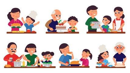 Parents and children prepare food. Person cooking, cartoon family dinner. Home kitchen, isolated smiling adults with kids cook decent vector scenes