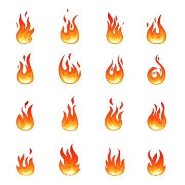 Cartoon fire icons. Orange blaze symbols, flame emblems. Isolated campfire, hot burn bonfire. Flammable, danger effect or ignition recent vector elements