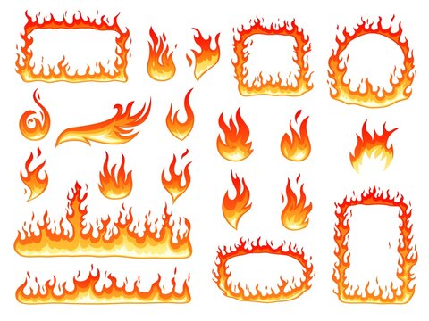 Colorful fire flame. Effect flames, glowing fire symbols. Burning cartoon round frame, hot red bonfire. Heating graphic shapes recent vector set
