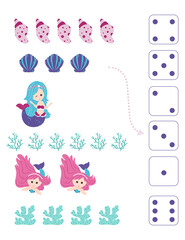 Mermaids. Worksheet for teaching mathematics and numeracy. Vector.