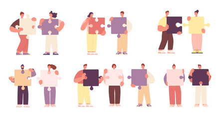 Teamwork metaphor. Cartoon business communication, puzzle collect. Partner collaboration, relationship and friendship. Creative work utter vector set