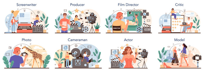 Movie making and showbusiness occupation set. Screenwriter, producer - obrazy, fototapety, plakaty